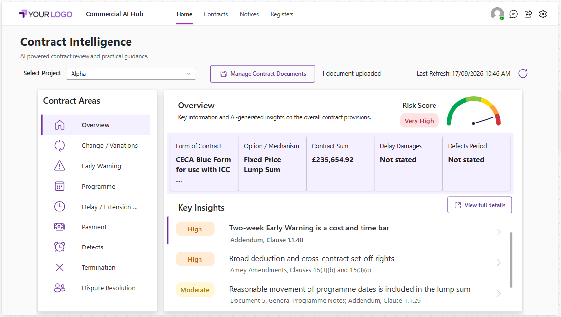 Contract Intelligence showing contract areas, a risk score and key commercial insights.