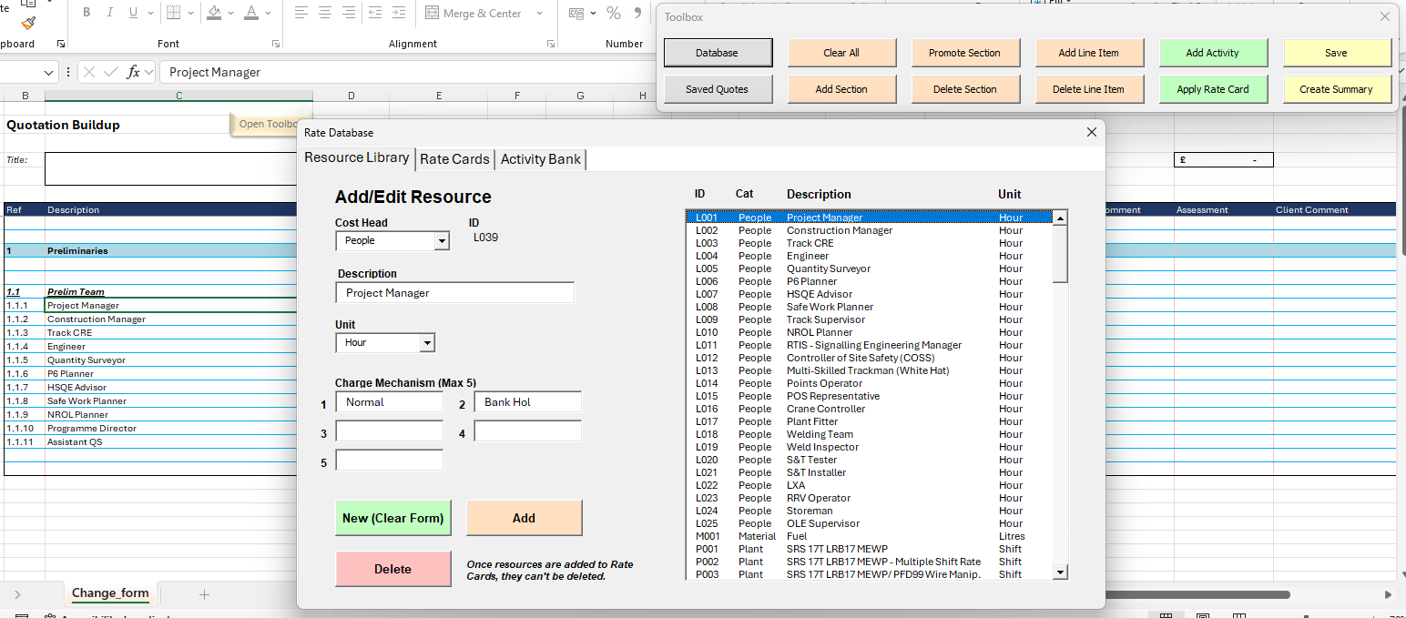 Quotation builder with a resource library, rate cards and activity bank alongside a quotation worksheet.